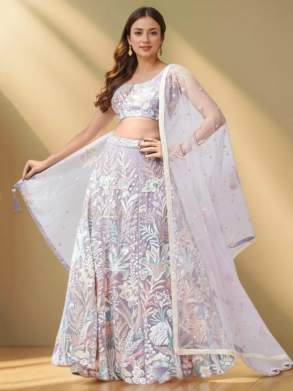 Tulsi Art Glamorous Lavender Sequins Net Bridesmaid Lehenga Choli With Dupatta | Grocsy