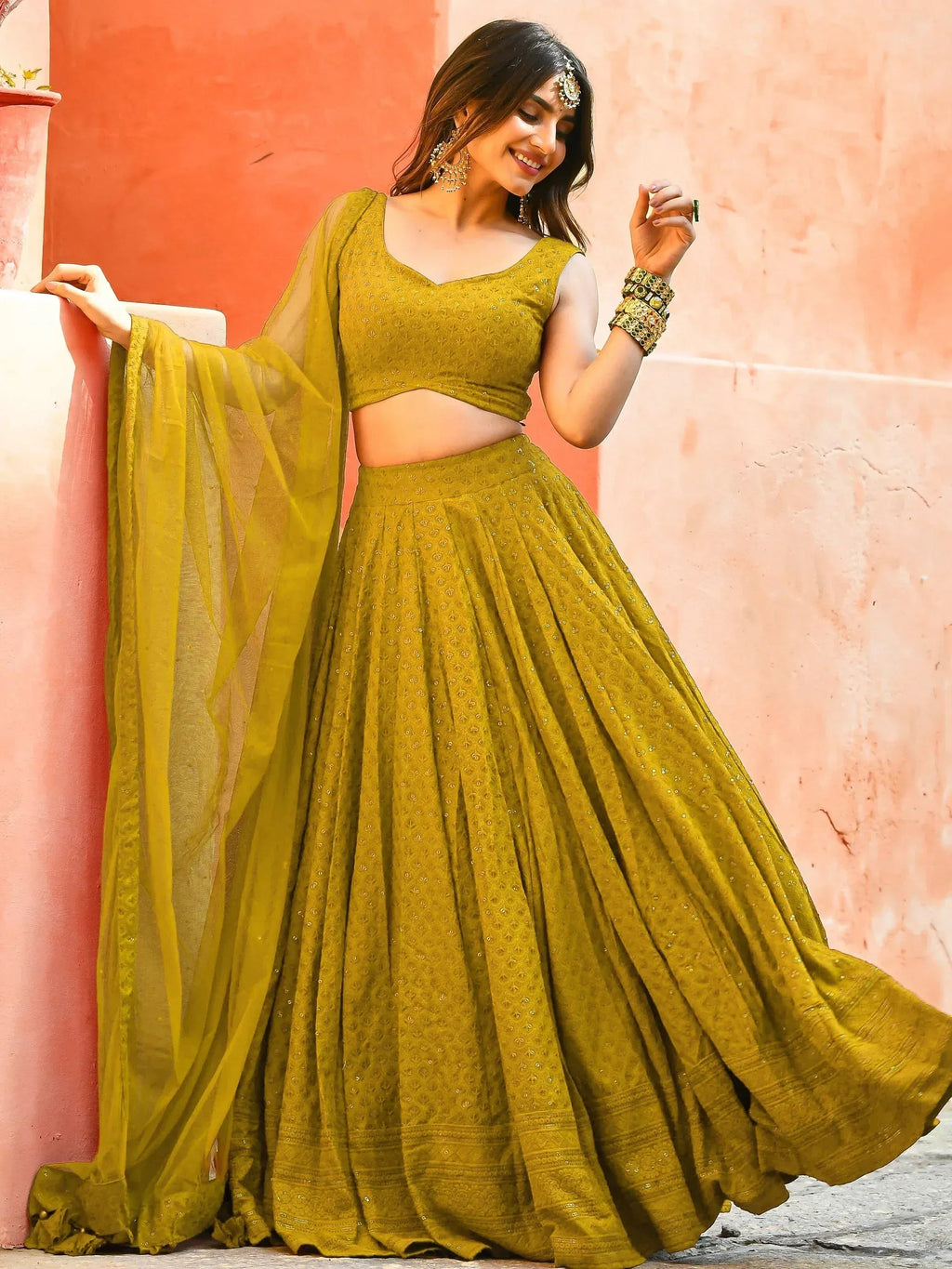 Tulsi Art Glamorous Mustard Yellow Sequins Lehenga Choli With Net Dupatta | Grocsy