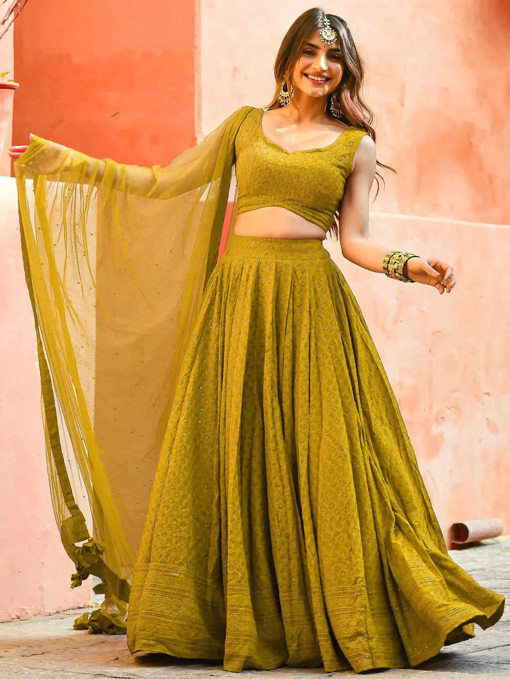 Tulsi Art Glamorous Mustard Yellow Sequins Lehenga Choli With Net Dupatta | Grocsy