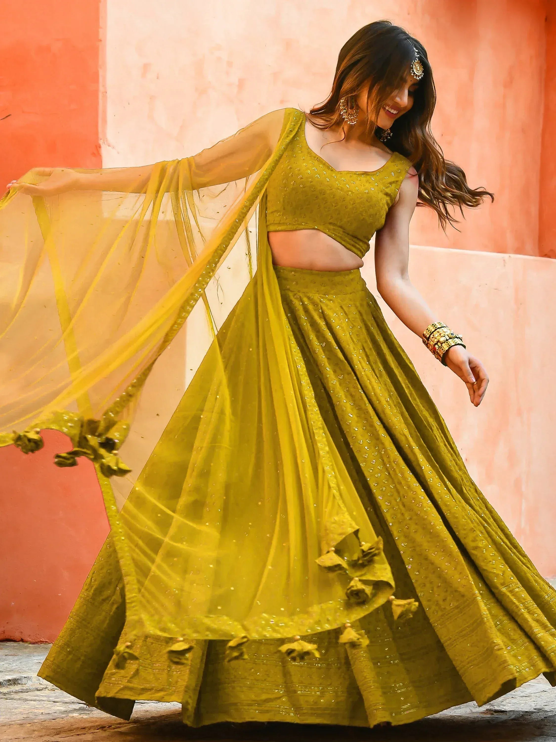 Tulsi Art Glamorous Mustard Yellow Sequins Lehenga Choli With Net Dupatta | Grocsy
