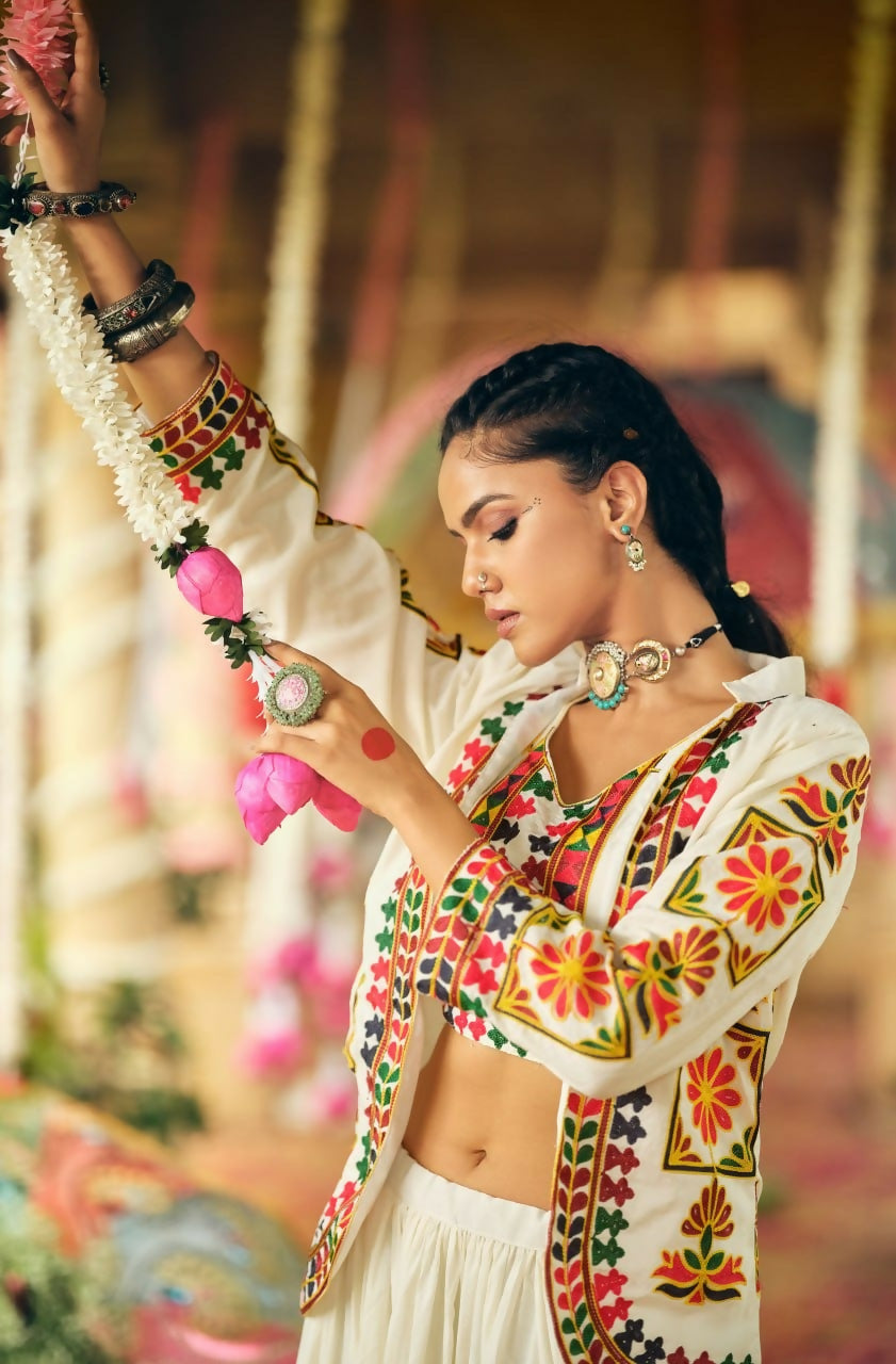 Teeya Creation Off White Colour Pure Cotton Embroidery Work Fully Stitched Navratry Lahenga | Grocsy