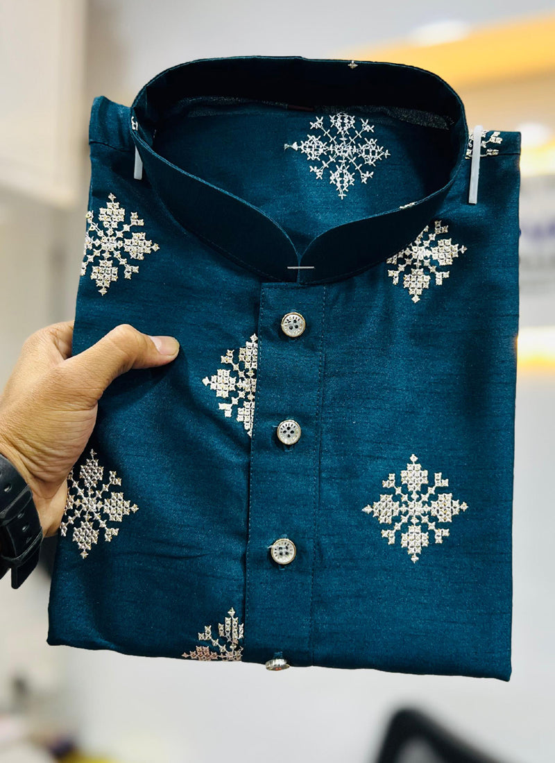 Prazu Fashion Aqua Blue Silk Copper Sequence Work Kurta | Grocsy