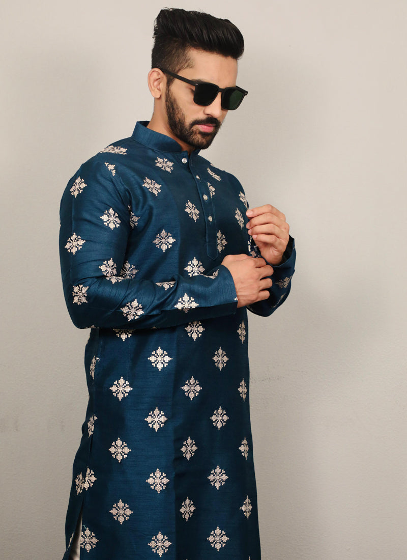 Prazu Fashion Aqua Blue Silk Copper Sequence Work Kurta | Grocsy