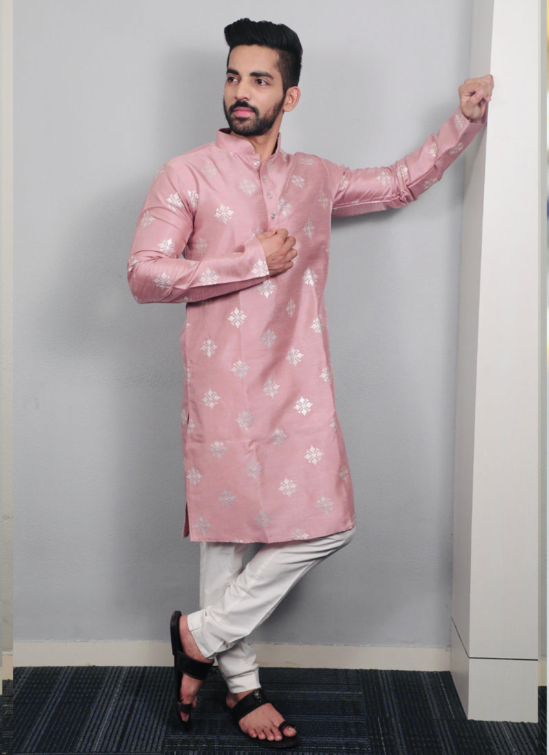 Prazu Fashion Onion Pink Silk Copper Sequence Work Kurta | Grocsy
