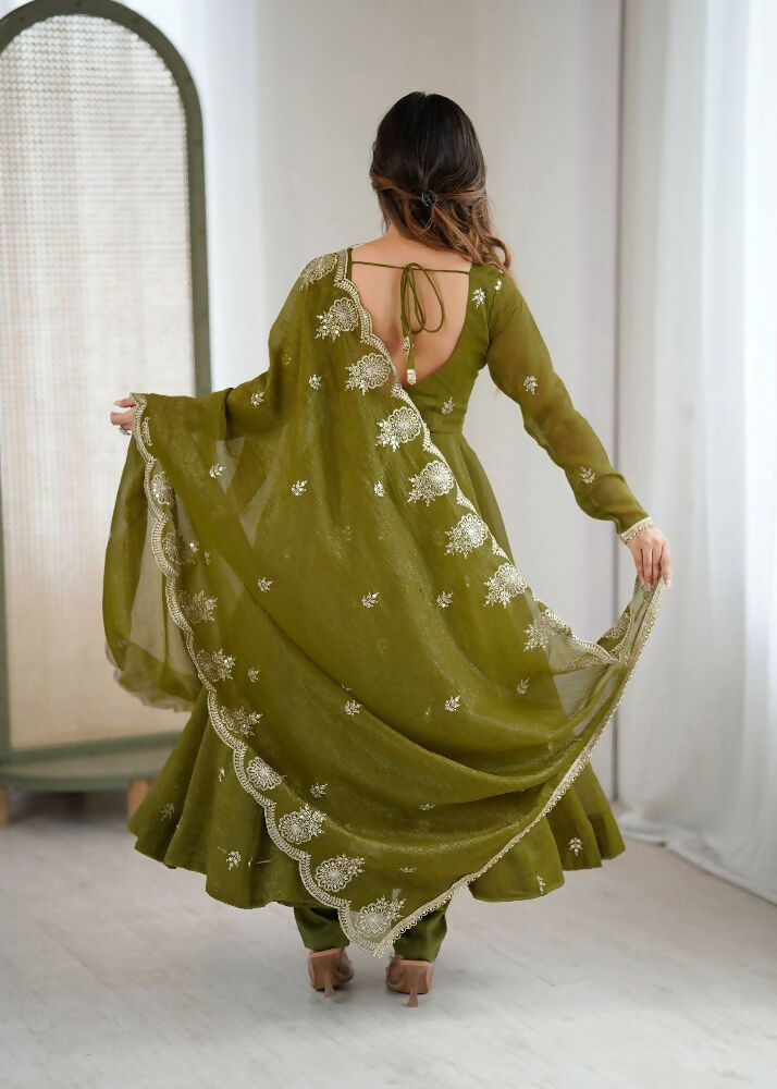 Teeya Creation Mehendi Color Crunchy Silk Embroidery Work Wedding Wear Gown | Grocsy