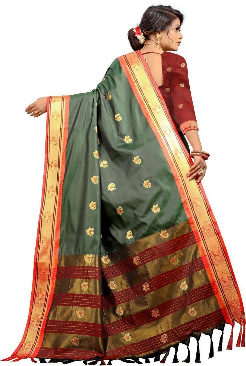 DEIANA'S Beautiful Designer Golden zari Soft Lichi Silk Saree - Green | Grocsy