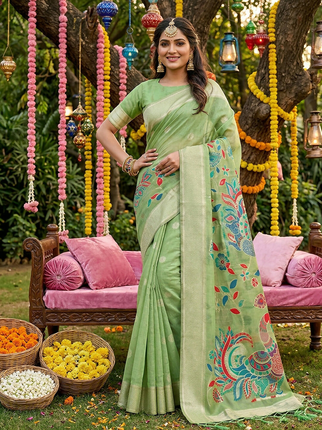 Shree Shyam Fashion Light Green Linen Cotton Saree | Grocsy