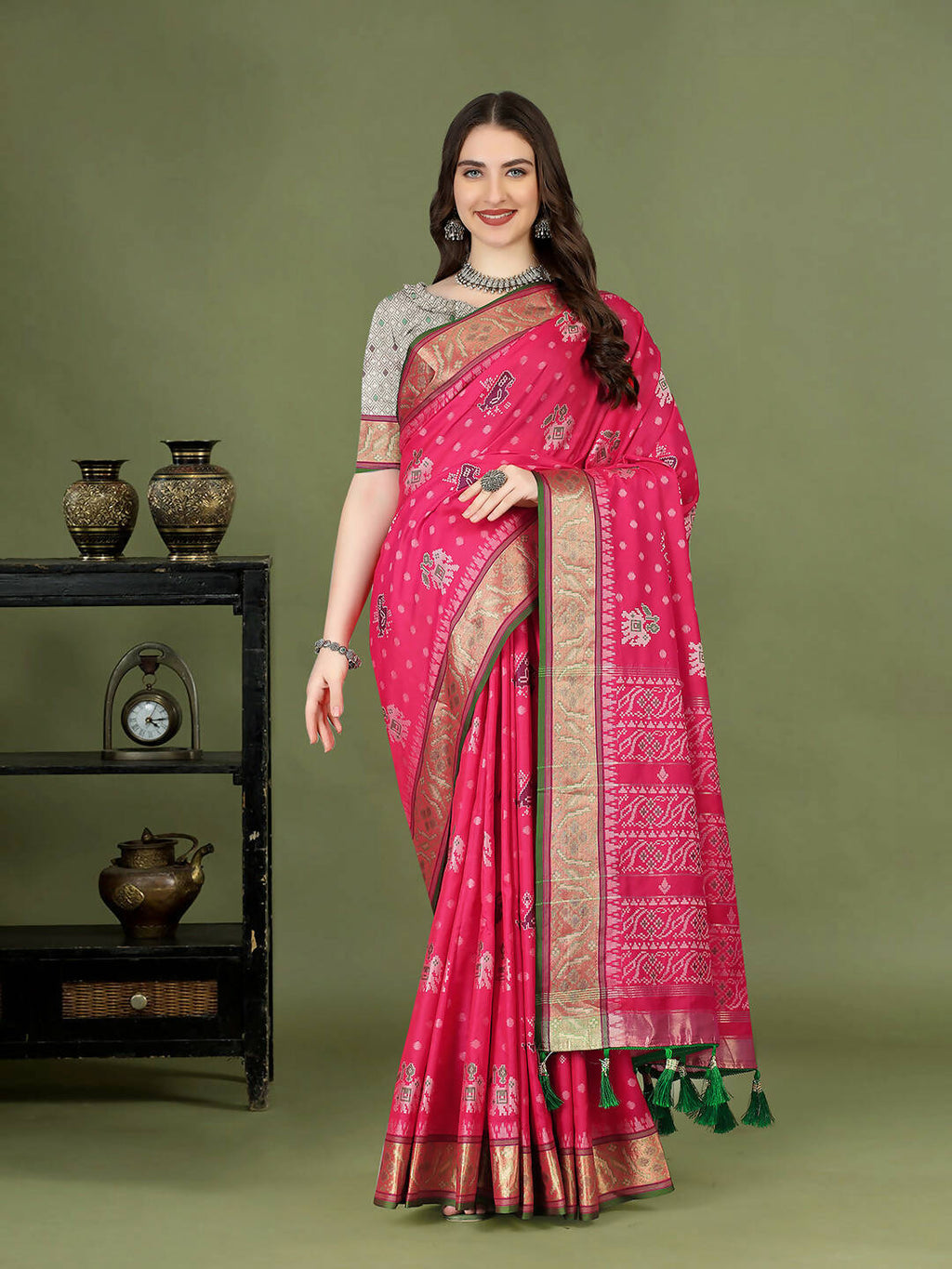 Lorenvalley Fashion Pink Patola Silk Woven Design Zari Meenakari Weaving Saree | Grocsy
