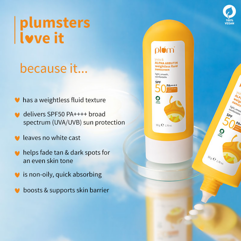 Plum Yuzu & Alpha Arbutin Weightless Fluid Sunscreen SPF 50 PA++++ | Grocsy