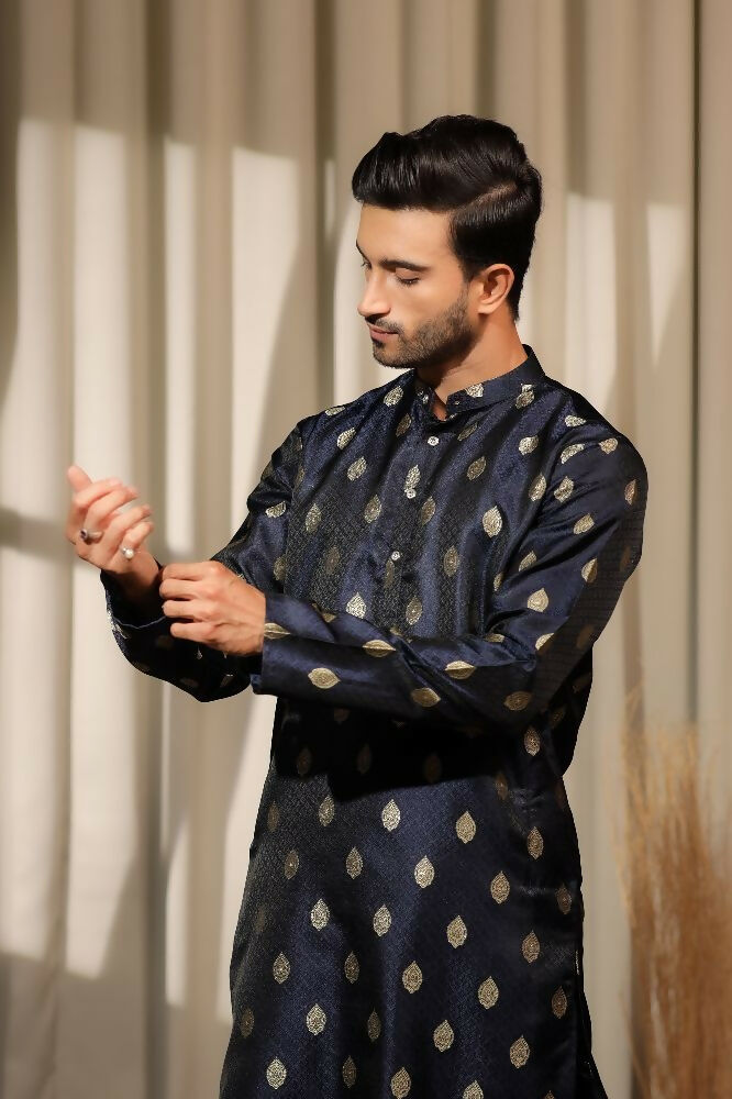 Blue Viscose Jacquard Wovon Designer Kurta Set - Mahotsav | Grocsy
