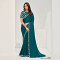 Teal Crepe Satin Silk Sequence & Applique Saree With Unstitched Blouse Piece - Norita Saanjh | Grocsy