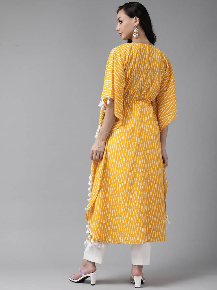 Yufta Women Yellow & Off white Printed Kaftan Kurta | Grocsy