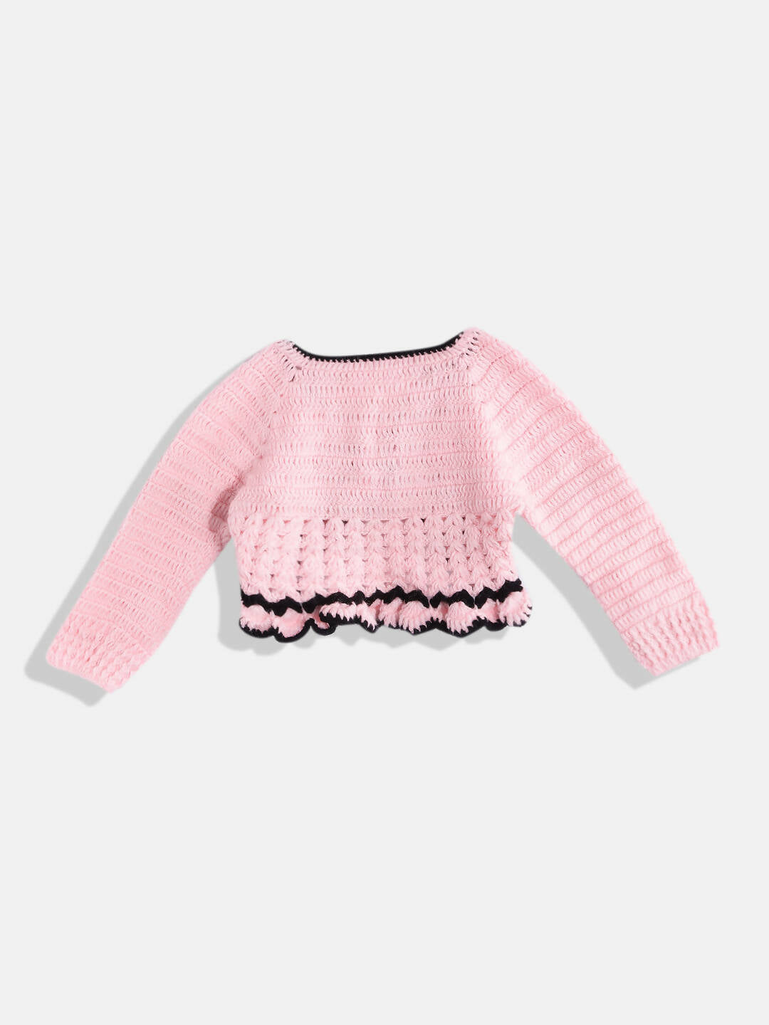 Chutput Kids Woollen Hand Knitted Full Sleeves Cardigan With Short Sleeves Flower Work Dress For Baby Girls - Pink | Grocsy