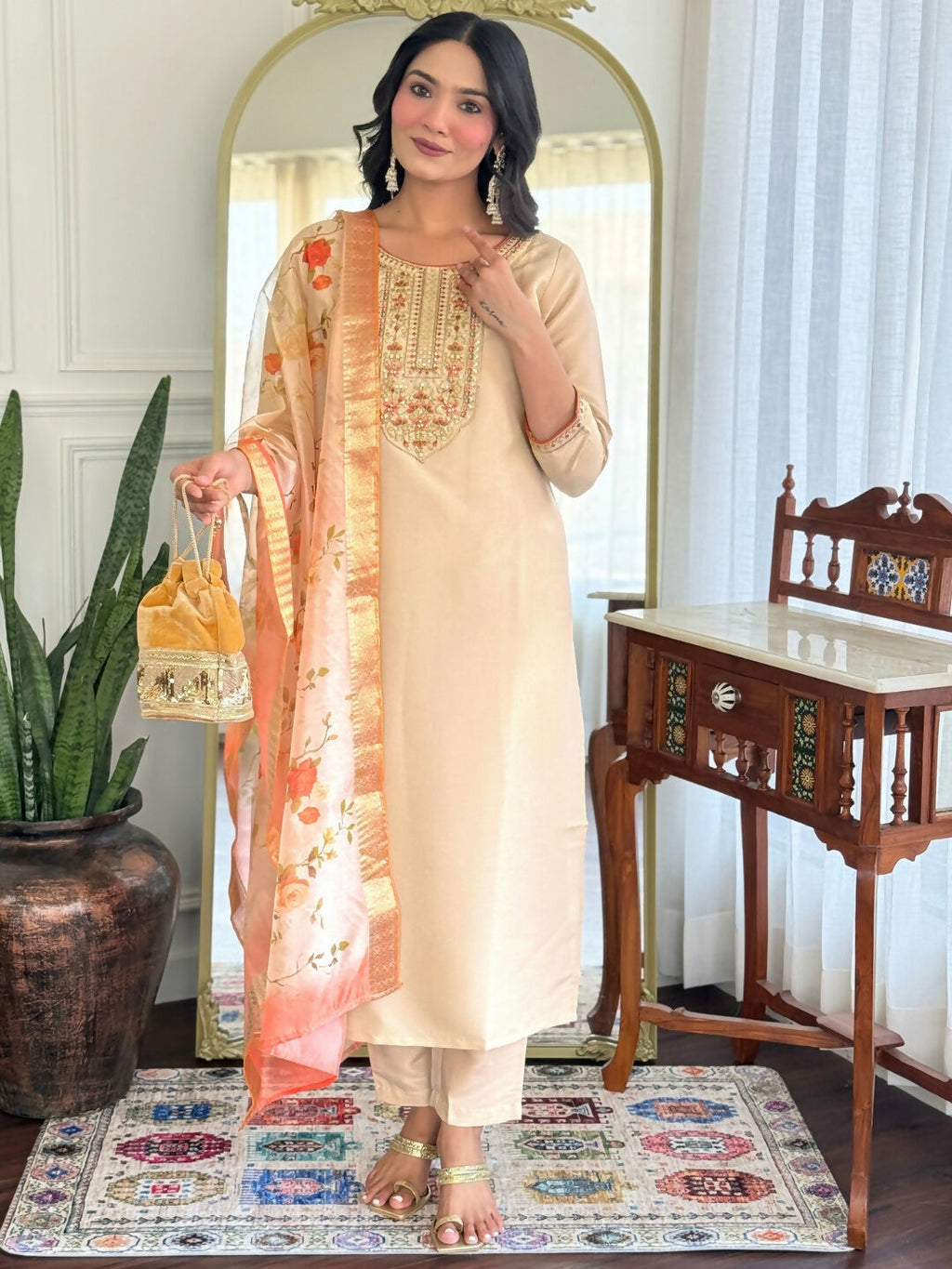 The52 Chiku Women's Beautiful Rayon Fabric Embroidered Work Straight Kurta Pant and Dupatta Set | Grocsy
