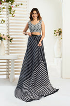 Vastranavya Black Digital Printed Linen Ready To Wear Designer Saree with Unstitched Blouse | Grocsy