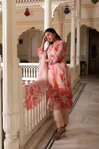Vaasva Women Peach Tabby Slik Print & Embroidered Kurta, Pant & Dupatta set | Grocsy