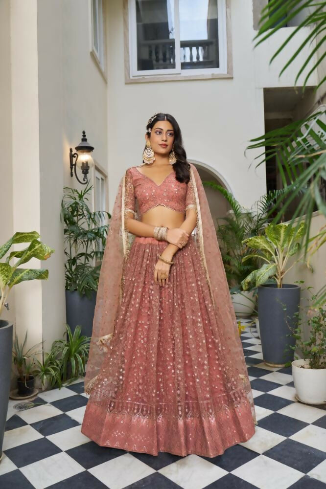 Aastha Fashion Rust Butterfly Net Tone To Tone Cotton Thread Work And Sequence Work Embroidery Wedding Wear Lehenga Choli | Grocsy