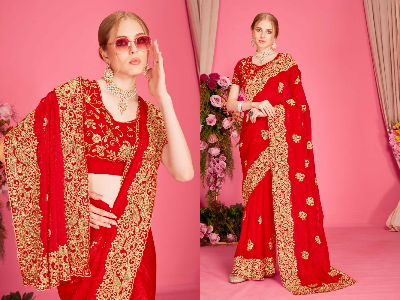 PR Fashion Red Fendi Two Tone Silk Heavy Zari Embroidery Work With Heavy Zircon Work Saree | Grocsy