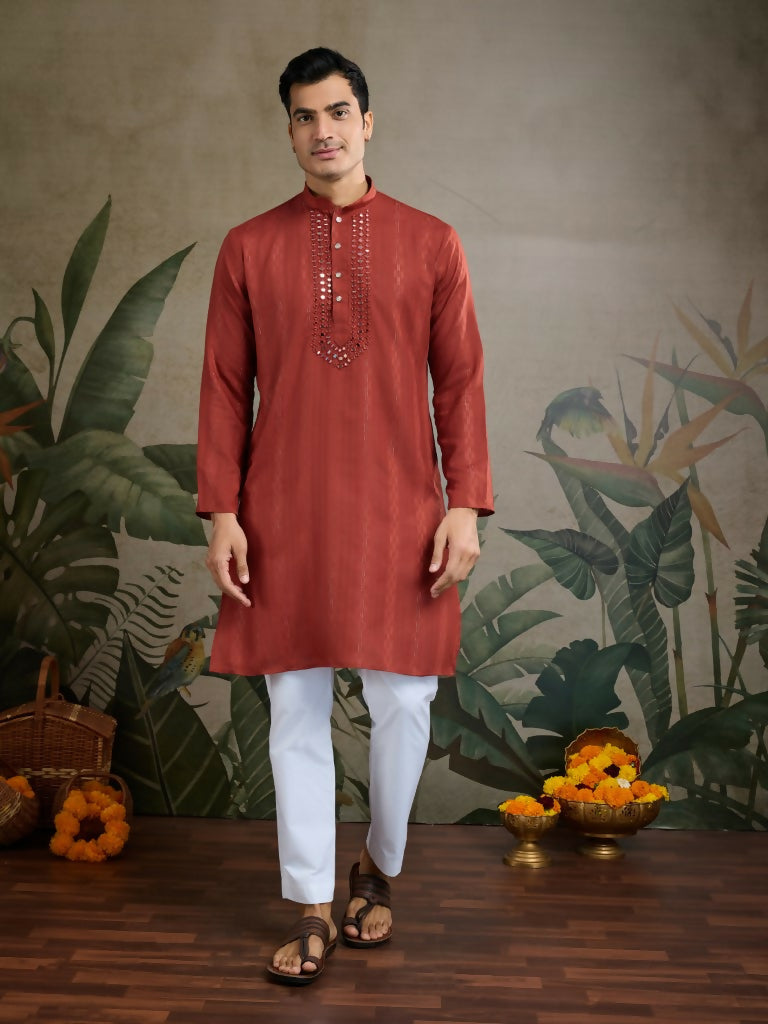 Vastranavya Rust Orange Exclusive Viscose Rayon Festival Wear Real Mirror Work Kurta with Dupatta | Grocsy