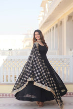 Jyoti Fashion Women's Black Faux Blooming Sequins Zari Embroidered Anarkali Dress with Dupatta | Grocsy