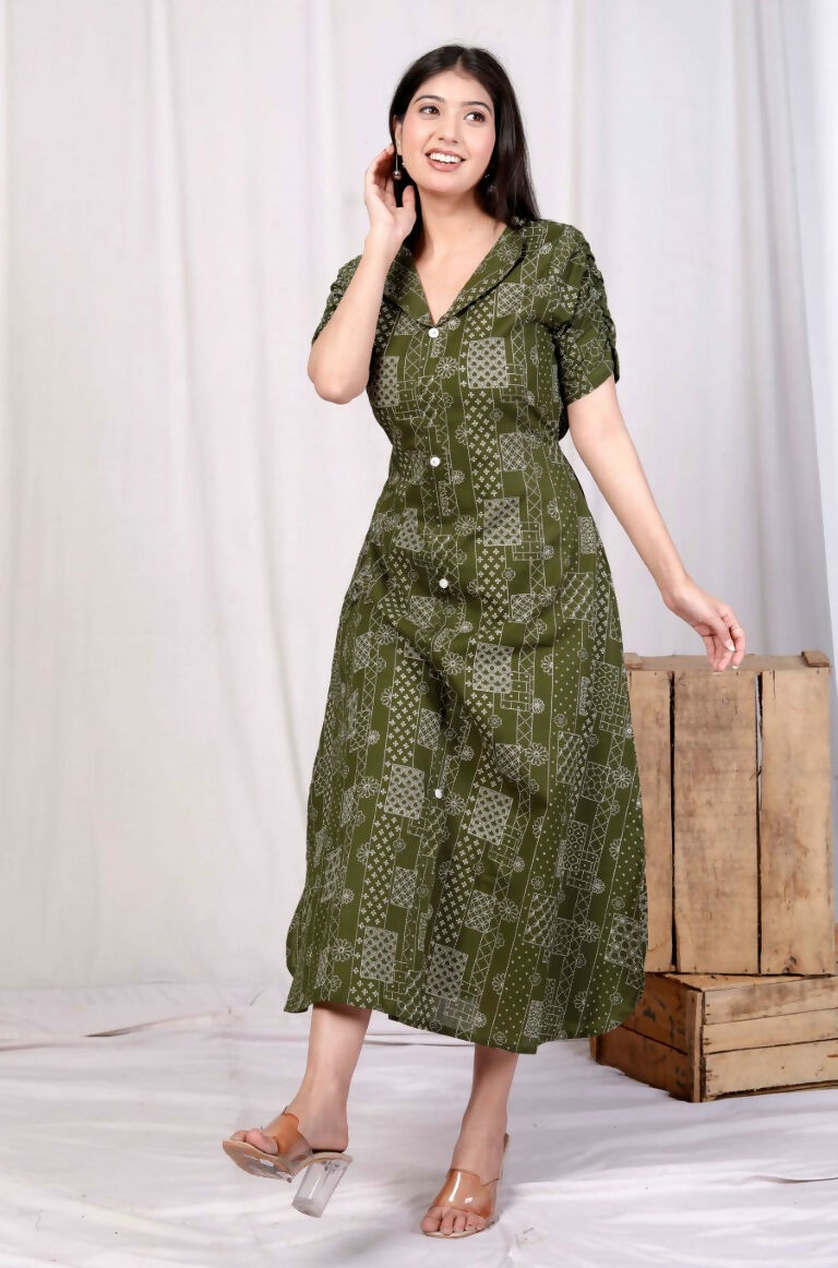 Miravan Women's Pure Cotton Floral Printed Green Button Down A-Line Midi Dress | Grocsy