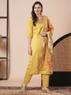 Yellow PV Chanderi Embroidery Work,Printed Kurta Set - Riya | Grocsy