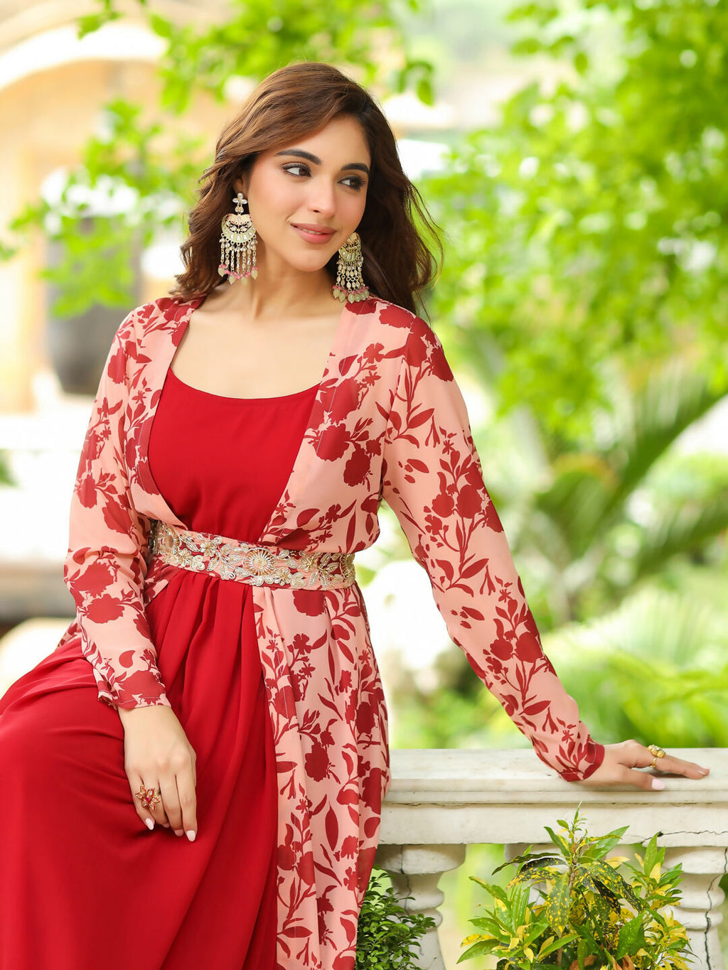 Janasya Maroon Georgette Solid Dress & Jacket | Grocsy