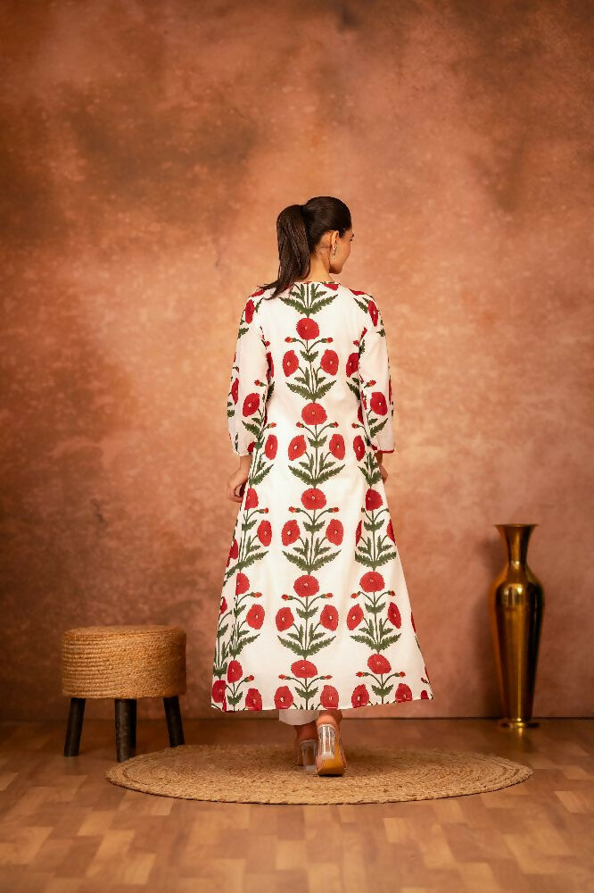 Joban Fashion Red Rose Floral Hand Block Printed Cotton Kurta Pant Set | Grocsy