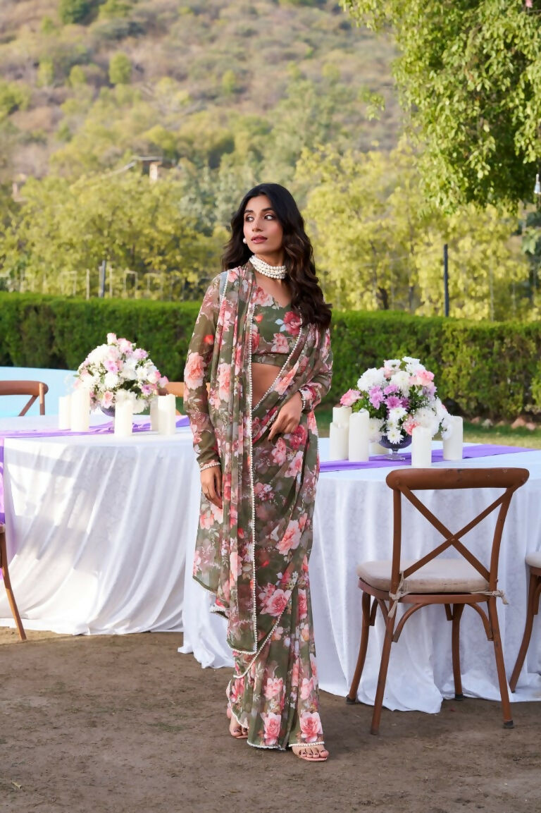 Vastranavya Mehendi Weightless Marble Printed & Pearl Lace Border Saree with Unstitched Blouse | Grocsy
