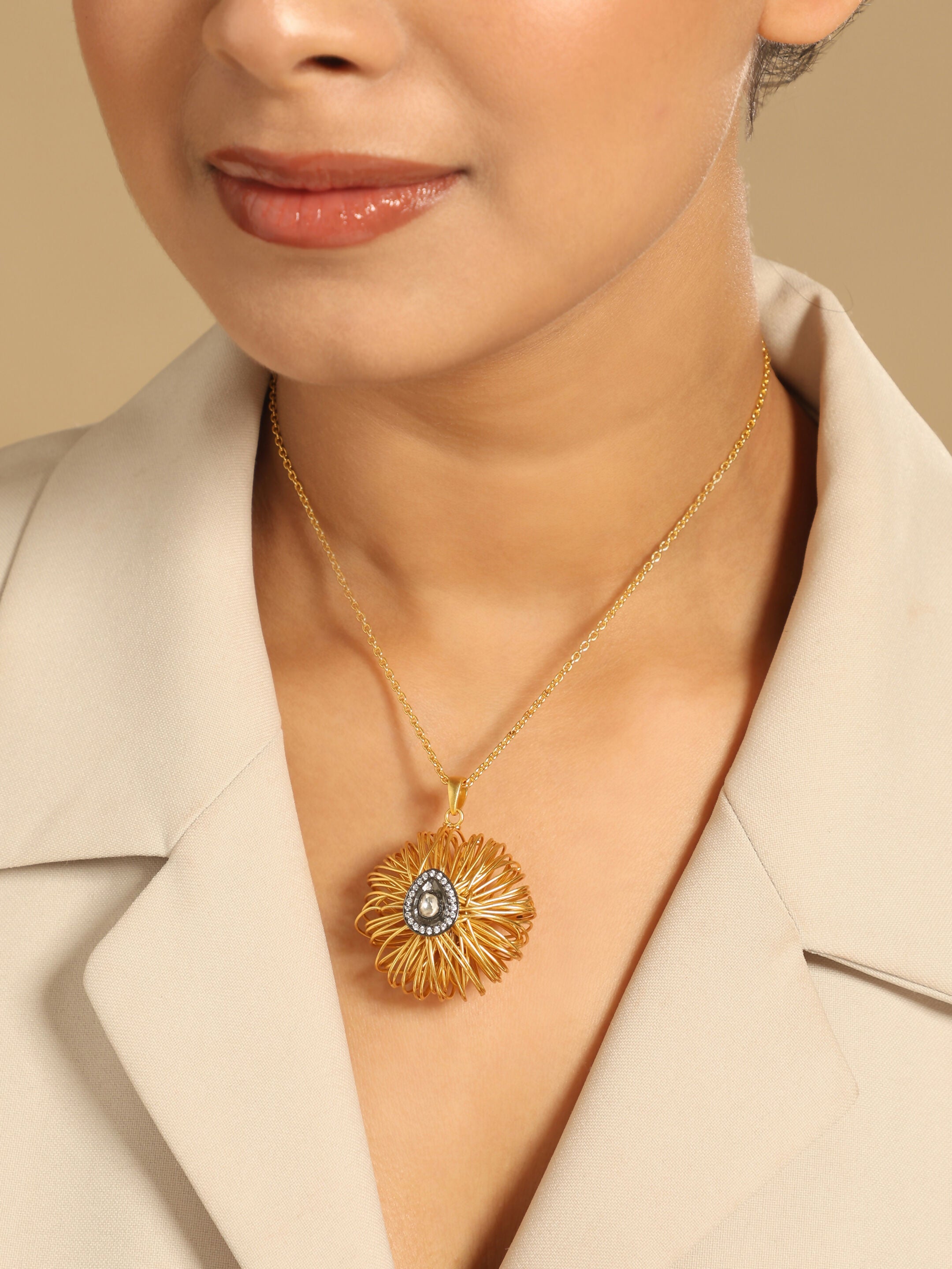 Nuyug 18k Gold-Plated Crystal Studded Minimal Chain Pendant Necklace | Grocsy