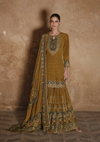 Anaita Mustard Silk Readymade Palazzo Suit with Swarovski Work | Grocsy