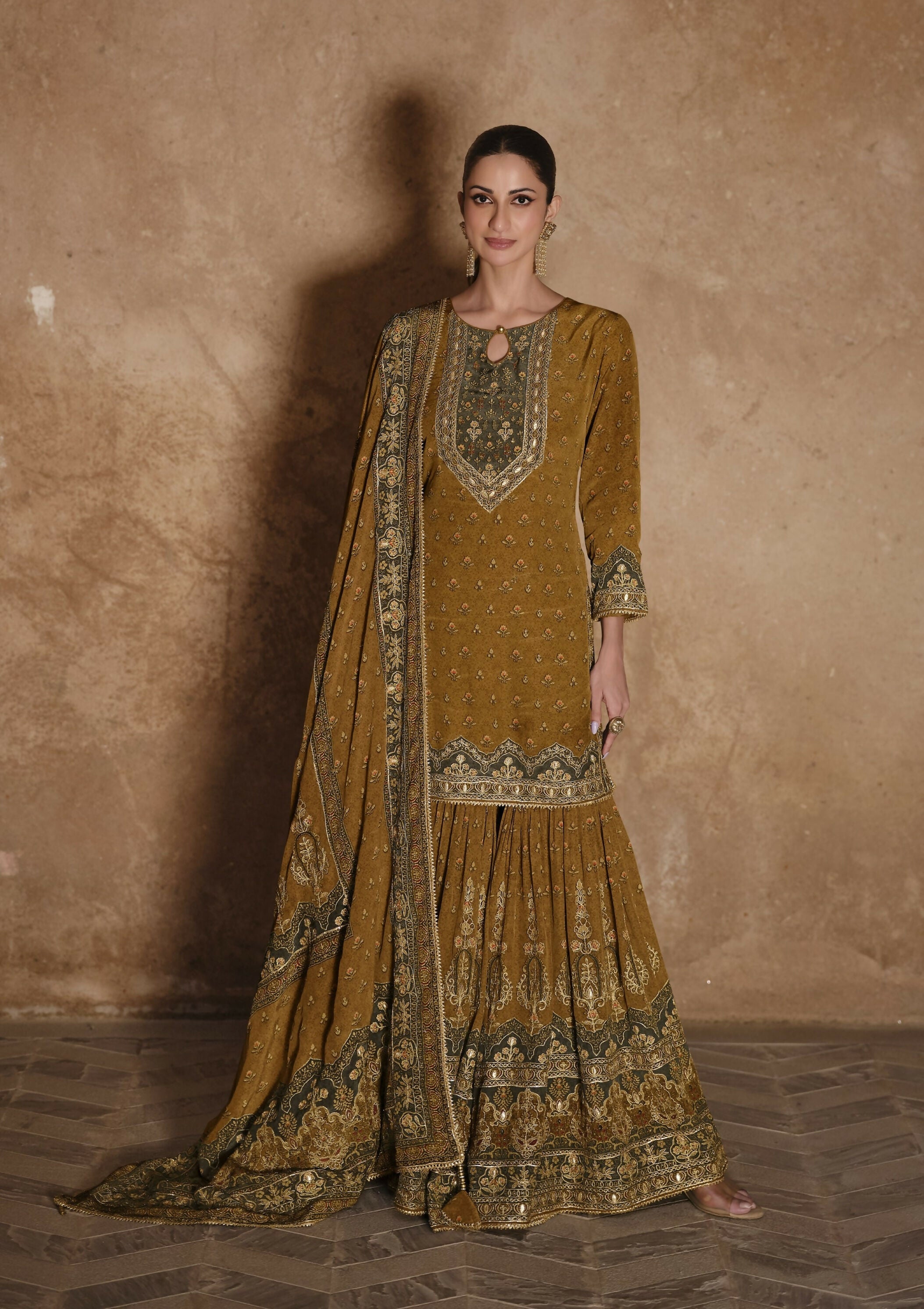 Anaita Mustard Silk Readymade Palazzo Suit with Swarovski Work | Grocsy