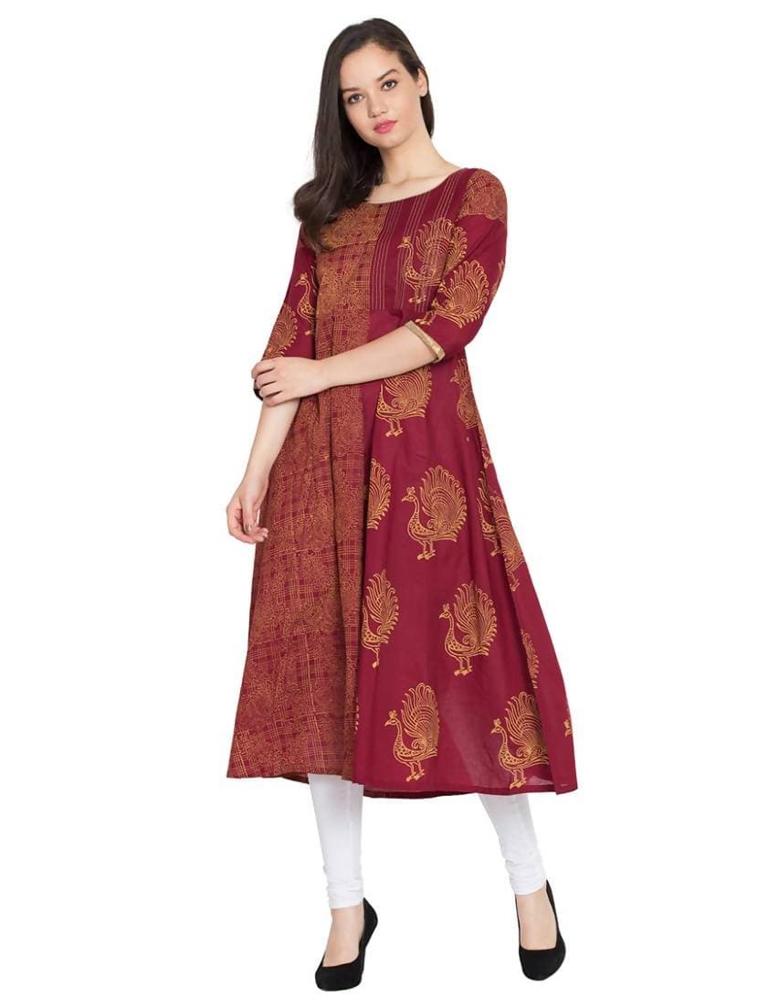 Cheera Hand Block Print Anarkali Kurta In Maroon Color | Grocsy