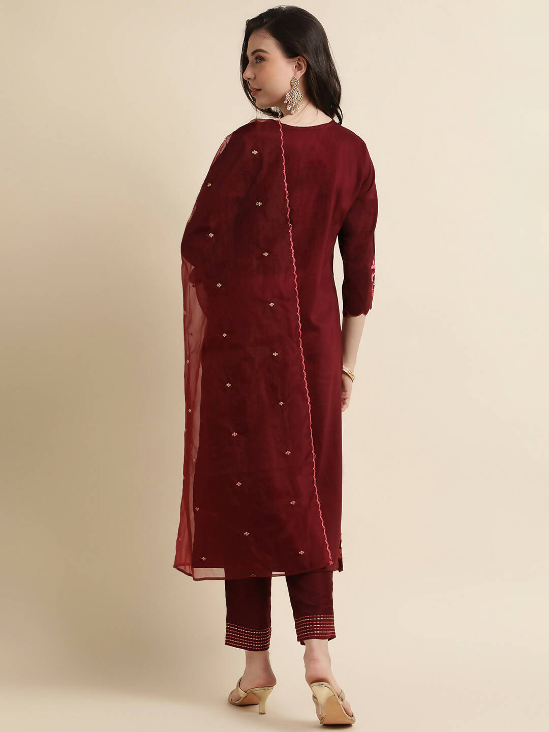 Maroon Chinon Silk Embroidered Straight Kurta with Trouser & Dupatta - Salimar | Grocsy
