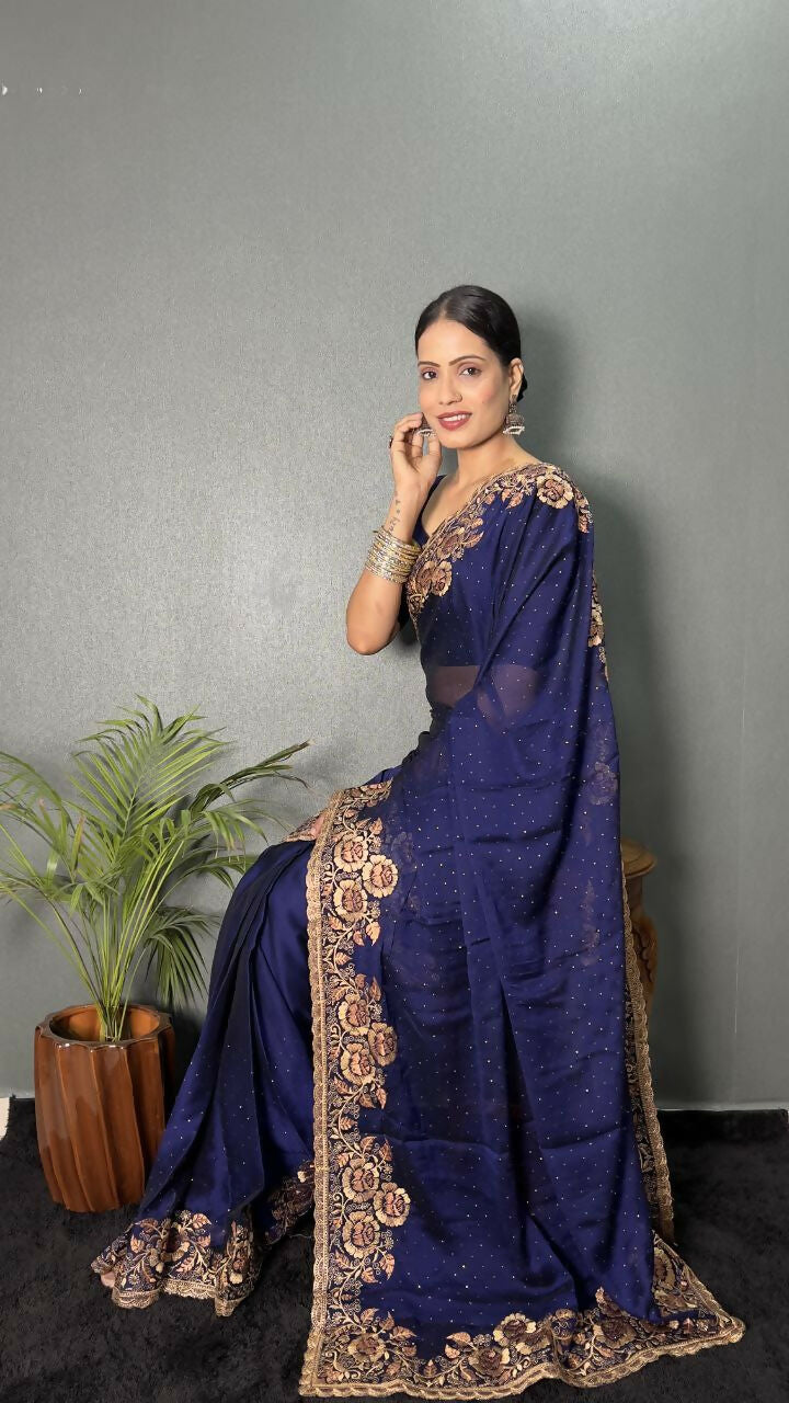 Vastranavya Blue Rangoli Silk Zari work with DMC Swarovski work Ready to Wear Saree | Grocsy