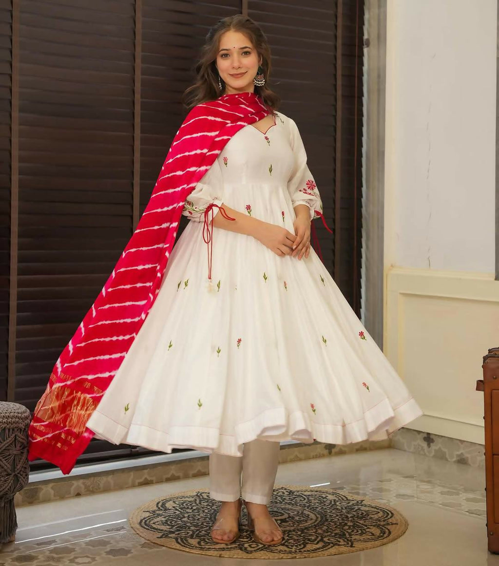 The52 Off White Women's Beautiful Chanderi Fabric Thread work Flared Anarkali with Pant And Dupatta Set | Grocsy