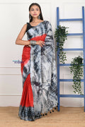 Very Much Indian Handmade Tie And Dye Cotton Saree By Women Weavers -Red Black | Grocsy