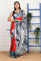 Very Much Indian Handmade Tie And Dye Cotton Saree By Women Weavers -Red Black | Grocsy