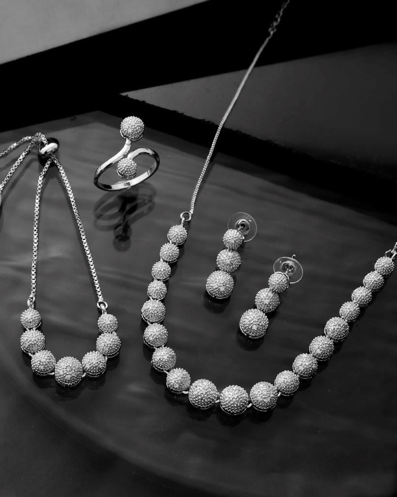 VOJ Silver Plated AD studded Necklace, Earrings With Ring And bracelet | Grocsy