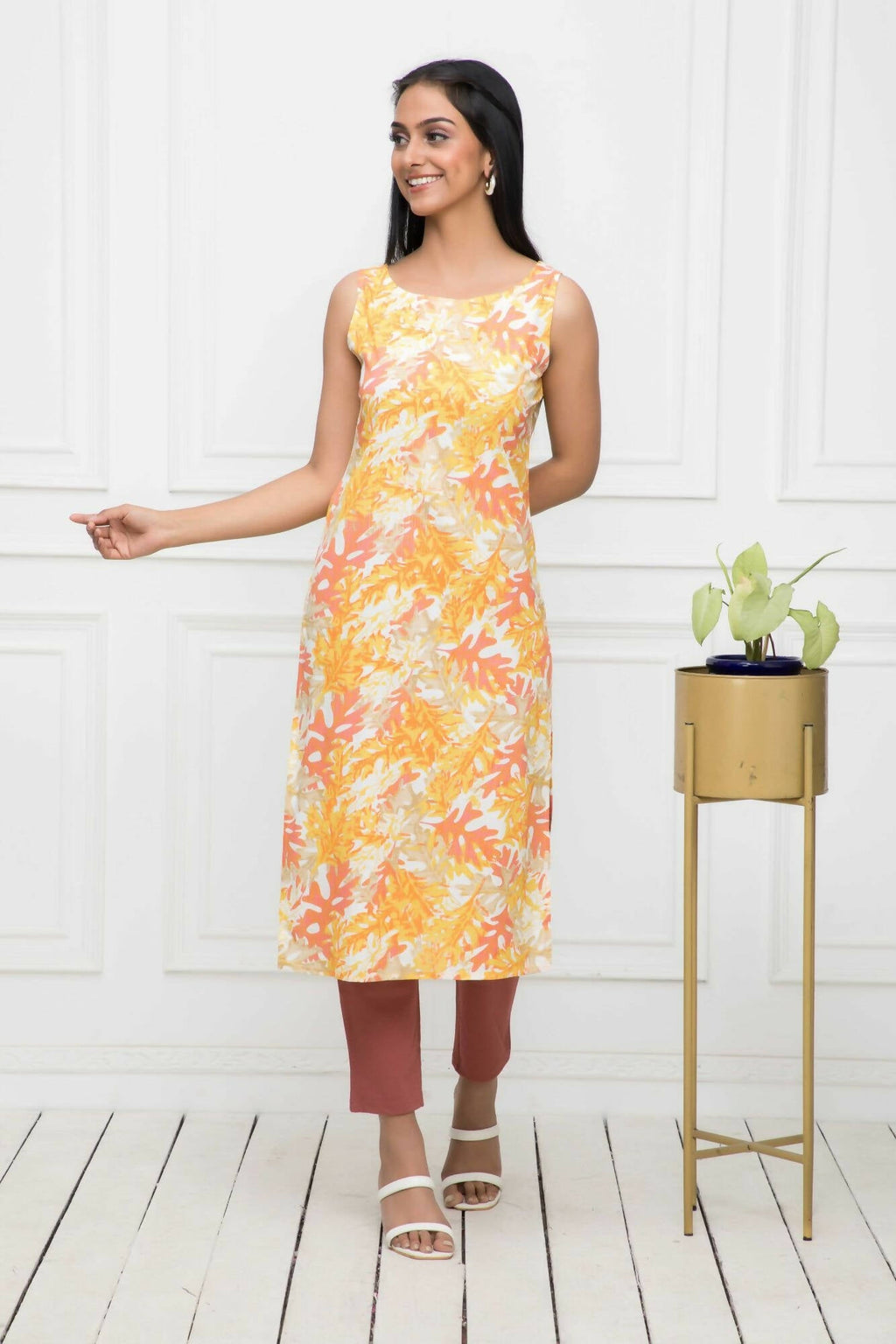 Myshka Multi Floral Women Cotton Straight Round Neck Kurtas | Grocsy