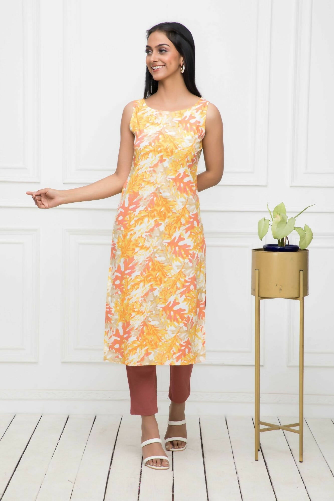 Myshka Multi Floral Women Cotton Straight Round Neck Kurtas | Grocsy