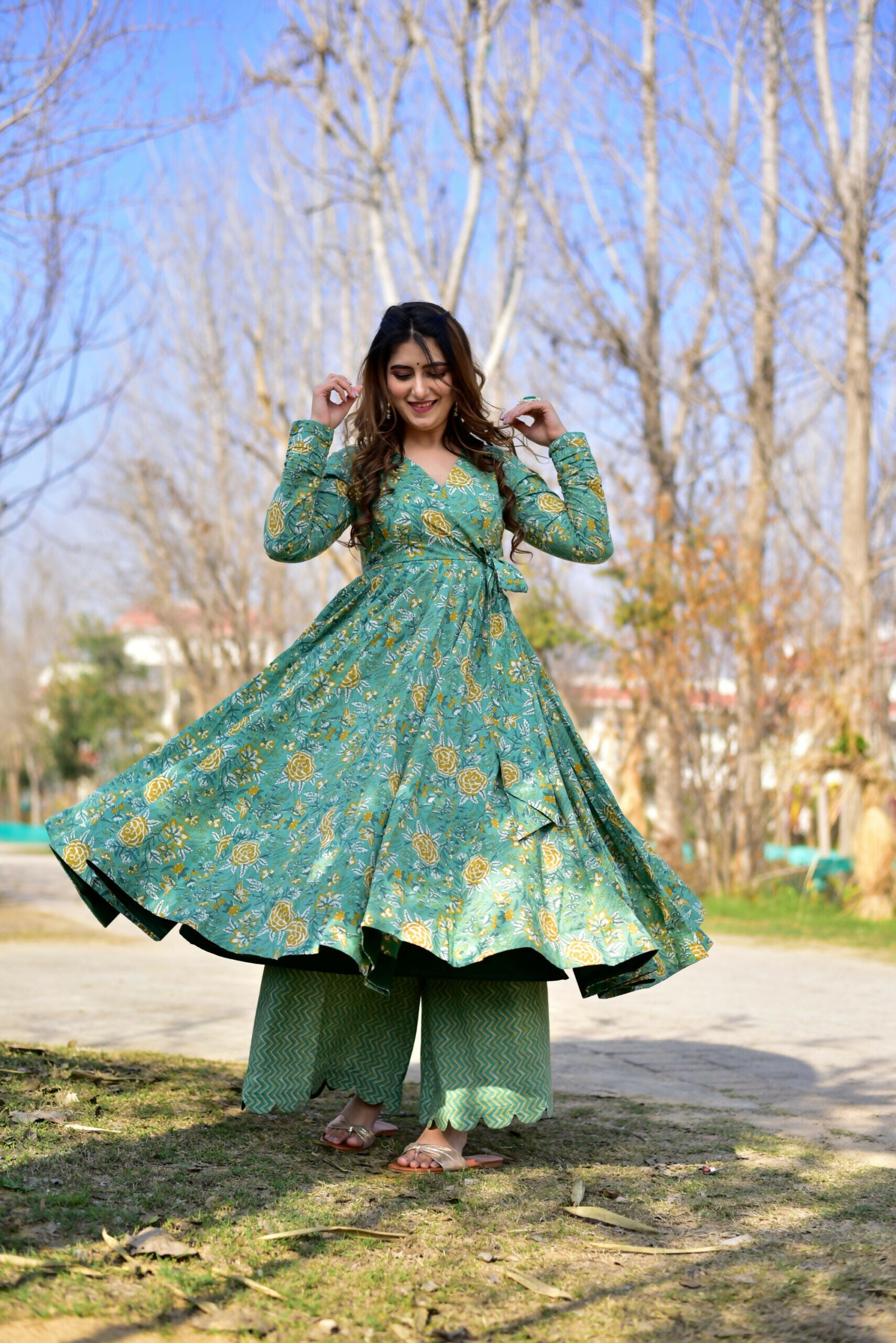 Jyoti Fashion Women's Sea Green Cotton Silk Heavy Digital Printed Kurta Plazo Set | Grocsy
