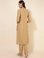 Janasya Women's Gold Crepe Silk Yoke Embroidery Festive Straight Kurta Set | Grocsy
