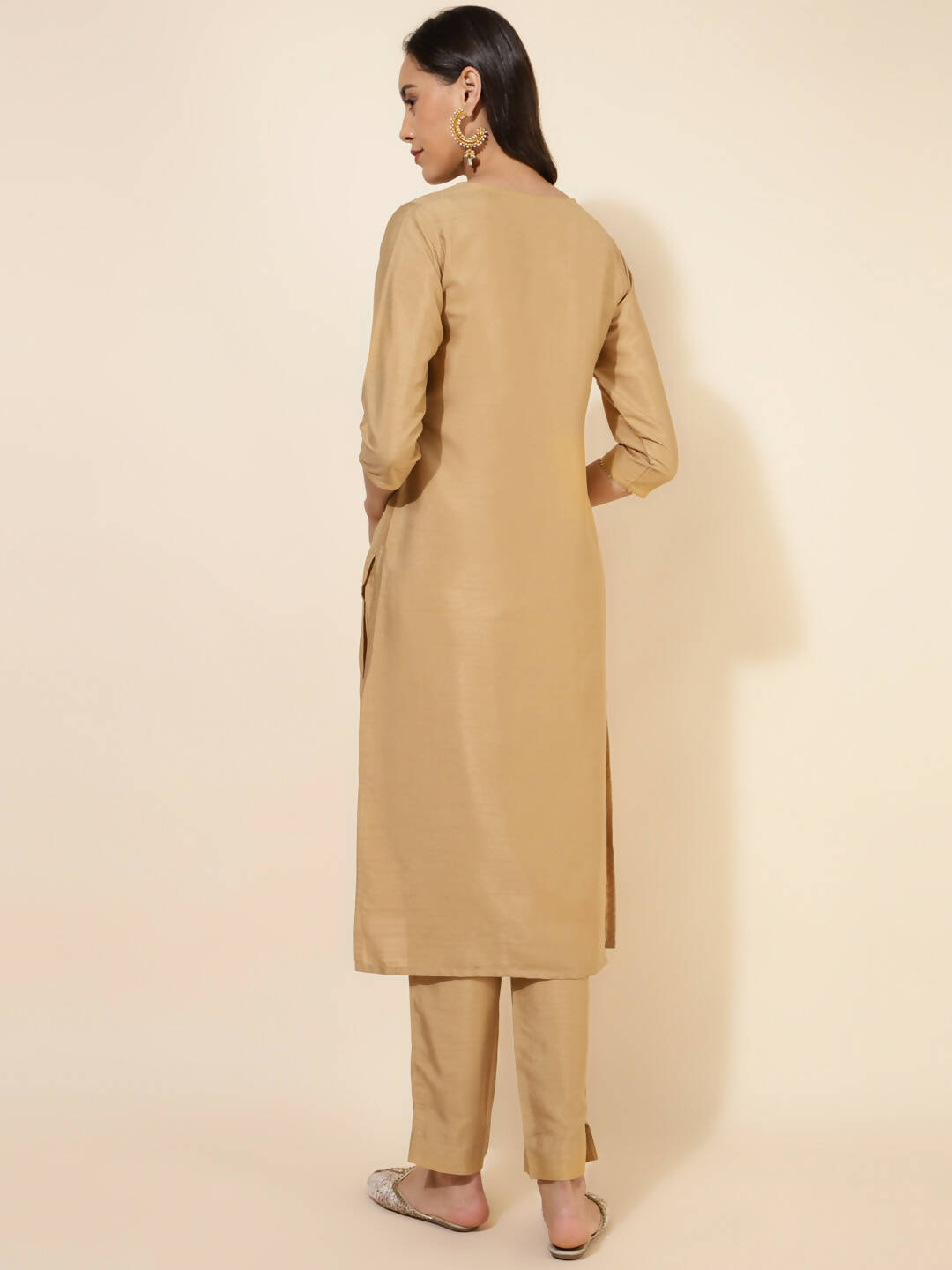 Janasya Women's Gold Crepe Silk Yoke Embroidery Festive Straight Kurta Set | Grocsy