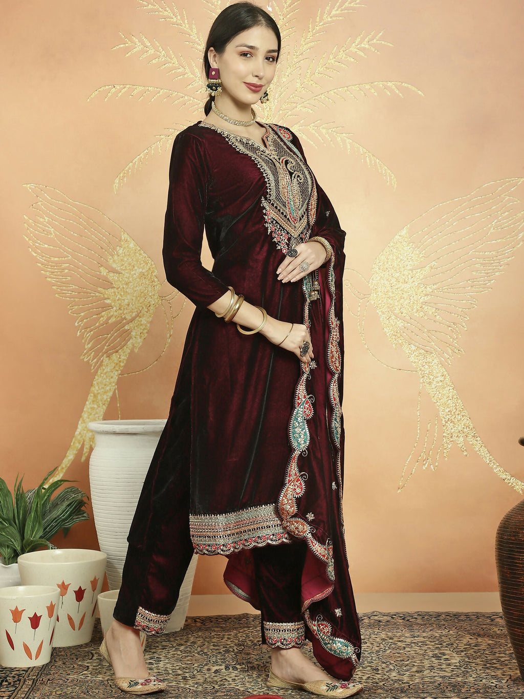 Jyoti Fashion Women's Maroon Velvet Cording with Resham Thread & Sequin Kurta with Trouser & Dupatta | Grocsy