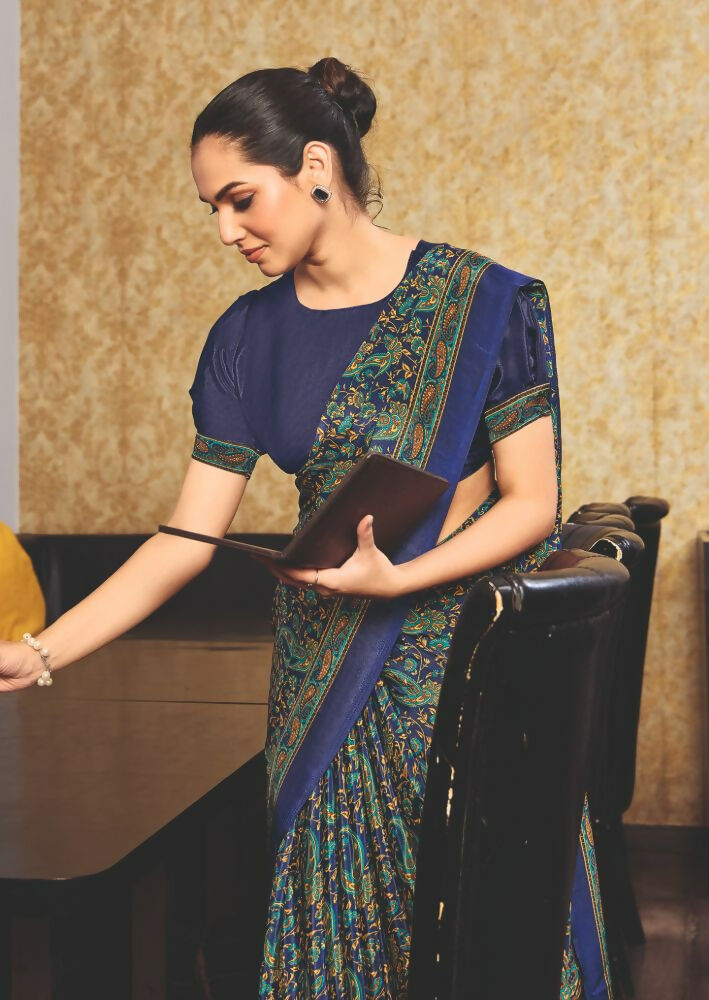 Joban Fashion Blue Crepe Silk with Traditional Print Saree | Grocsy