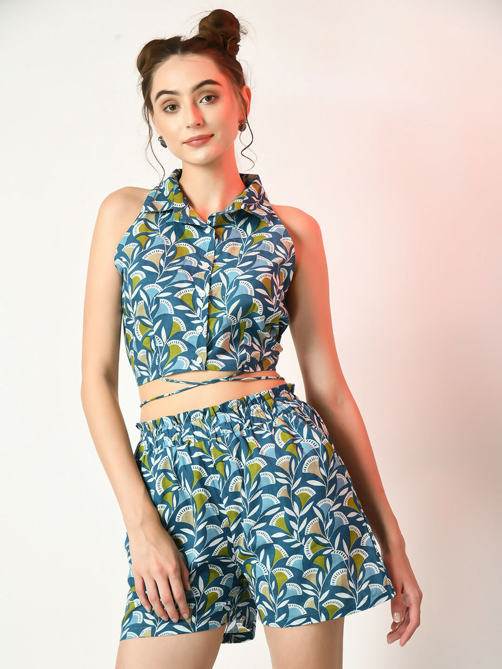 Myshka Women's Blue Printed Top With Shorts | Grocsy