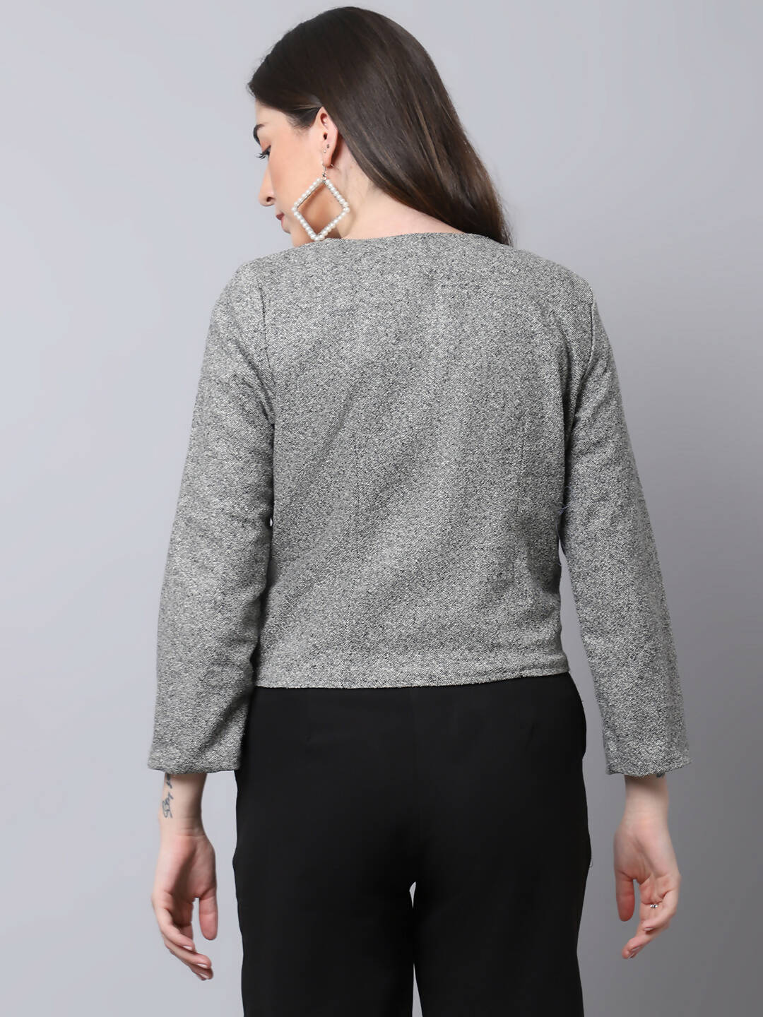 Even Apparels Grey Pure Wool Open Front Statement Women's Jacket | Grocsy