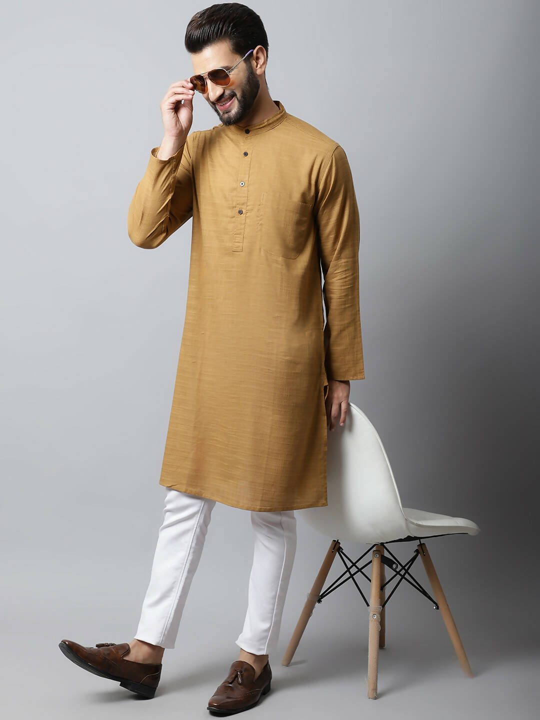 Even Apparels Brown Color Pure Cotton Men's Kurta With Band Collar (SLD1177) | Grocsy