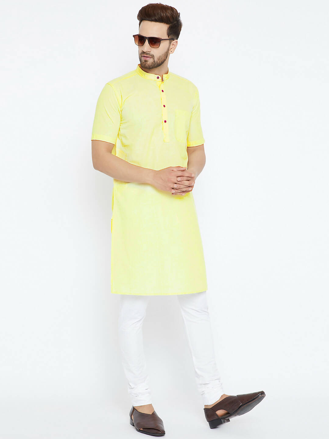 Even Apparels Yellow Color Pure Cotton Men's Kurta With Band Collar | Grocsy